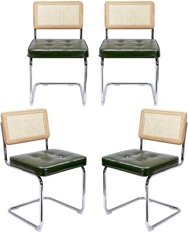 Zesthouse Mid-Century Modern Dining Chairs 4 Pcs, Accent Rattan Kitchen Chairs, Armless Mesh Back Cane Chairs, Upholstered Leather Chairs with Metal Chrome Legs, Green - LeafyLoom