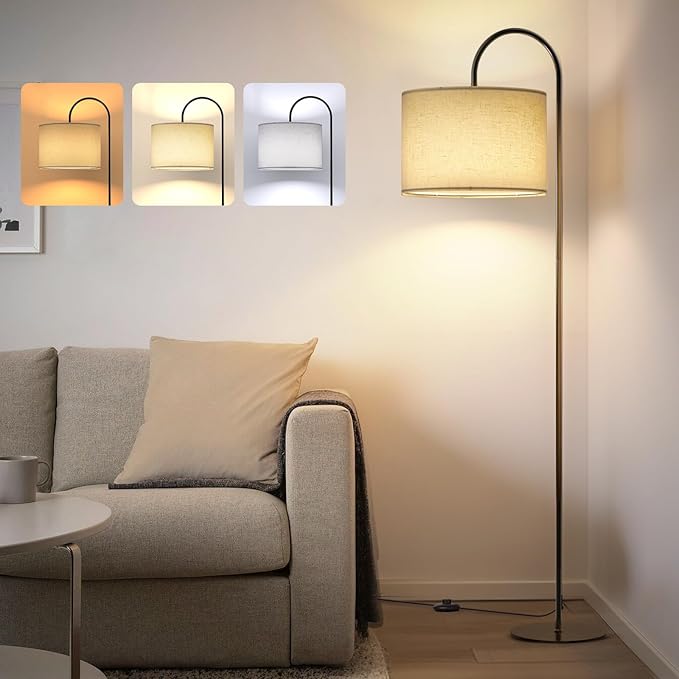 Floor Lamps for Living Room - 12W LED Bulb Modern Standing Lamp with Linen lampshade, 3 Color Temperatures Corner Floor Lamp for Office Study Room, Tall Reading Light with Adjust Head - LeafyLoom