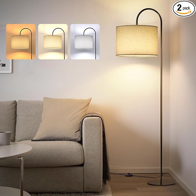Floor Lamps for Living Room - 12W LED Bulb Modern Standing Lamp with Linen lampshade, 3 Color Temperatures Corner Floor Lamp for Office Study Room, Tall Reading Light with Adjust Head - LeafyLoom