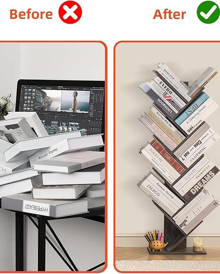 10 Tier Tree Book Shelf, Floor Standing Wood Bookshelf for Narrow Space, Storage Organizer Bookshelves for Books/CDs/Magazine, Bookcase with Shelves for Home Office, Living Room - Dark Grey - LeafyLoom