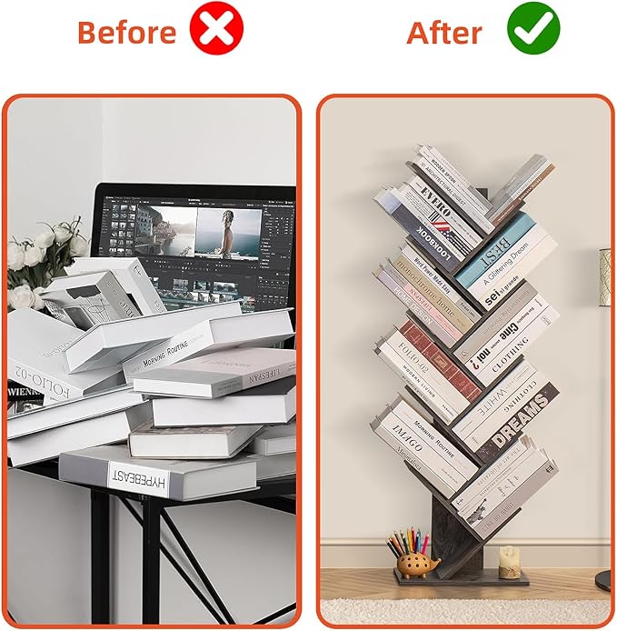 10 Tier Tree Book Shelf, Floor Standing Wood Bookshelf for Narrow Space, Storage Organizer Bookshelves for Books/CDs/Magazine, Bookcase with Shelves for Home Office, Living Room - Dark Grey - LeafyLoom