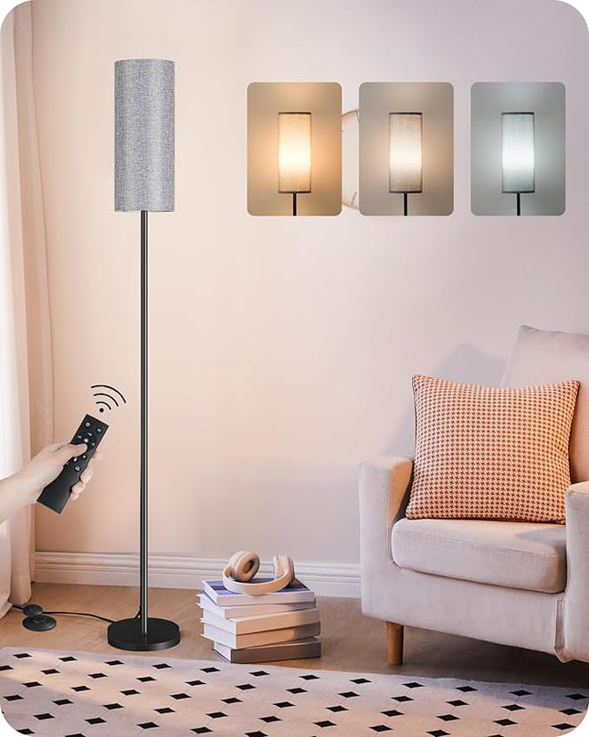 Dimmable Floor Lamp for Living Room, Corner Floor Lamp with Remote, 66'' Standing Tall Lamp, Linen Lampshade, 10W 800LM LED Bulb for Bedroom Study, FCC Listed, Black and Gray H06LD05 - LeafyLoom