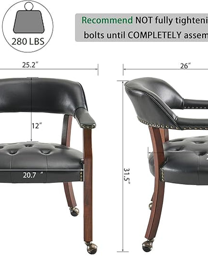 Large Dining Chairs with Casters and Arms, Rolling Dining Chairs with Wheels, Accent Game Chairs Boss Caption's Chairs, 26" D x 25.2" W x 31.5" H, Cherry Legs & Black SY-1533-BK - LeafyLoom