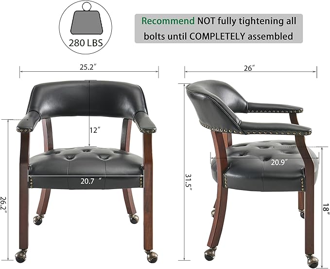 Large Dining Chairs with Casters and Arms, Rolling Dining Chairs with Wheels, Accent Game Chairs Boss Caption's Chairs, 26" D x 25.2" W x 31.5" H, Cherry Legs & Black SY-1533-BK - LeafyLoom