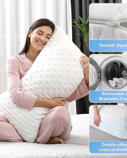 Cooling Side Sleeper Pillow for Neck and Shoulder Pain, Adjustable Shredded Memory Foam Bed Pillows for Sleeping,Ergonomic Curved Pillow with Extra Foam,Queen Size Set of 2, Washable Cover - LeafyLoom