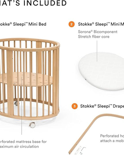 Stokke Sleepi Mini Bundle, Natural - includes Crib/Bed, Mattress & Drape Rod - Suitable for Ages 0-5 Years Old - Adjustable & Stylish - LeafyLoom