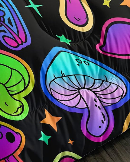 Mushroom Comforter Set Kids Bedding Set Full,3Pcs Colorful Soft Black Gradient Mushroom Quilt Set Bed in A Bag with 1 Comforter 2 Pillowcases for Kids Boys Girls Teens Adults Room Decor All Season - LeafyLoom