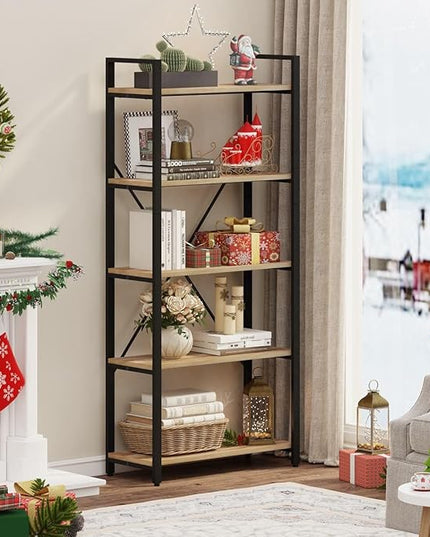 FATORRI 5 Tier Bookshelf, Industrial Wood and Metal Book Shelves for Display, Tall Etagere Bookcase and Rustic Shelving Unit (Rustic Oak) - LeafyLoom
