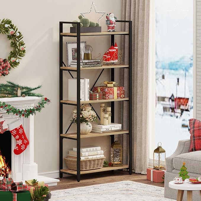 FATORRI 5 Tier Bookshelf, Industrial Wood and Metal Book Shelves for Display, Tall Etagere Bookcase and Rustic Shelving Unit (Rustic Oak) - LeafyLoom