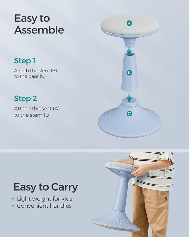 SONGMICS Kids Wobble Chair, Wiggle Stool for Kids Ages 8-12, Comfortable 60D Foam Seat, Breathable Fabric, Anti-Slip Base, 18.1-Inch High, Tool-Free Assembly, Pale Blue and Dove Gray UOSC010Q01 - LeafyLoom