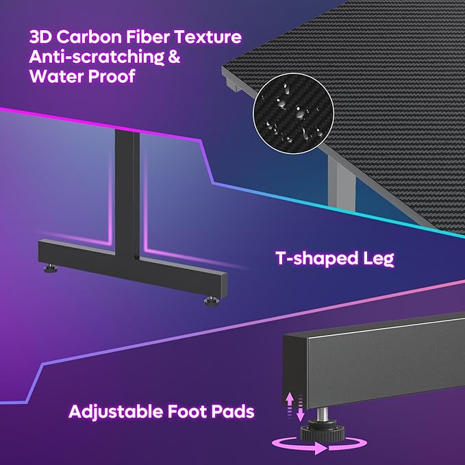 Bestier Small Gaming Desk with Monitor Stand, 42 inch LED Computer Desk, Gamer Workstation with Cup Holder & Headset Hooks, Modern Simple Style Desk for Home Office, Carbon Fiber Black - LeafyLoom