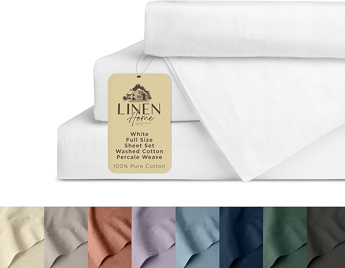 Linen Home Washed Cotton Percale Full Sheet Set, White, Deep Pocket, 4 Pieces Bed Sheets - 1 Flat Sheet, 1 Fitted Sheet & 2 Envelope Closure Pillowcases, Cool and Comfortable Bed Linen - LeafyLoom