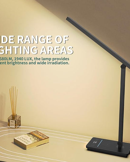 10 in 1 Smart Desk Lamp, Desk Table Lamp for Office, Eye-Caring Office Lamp with Night Light, Lamp for Desk with 10W Wireless Charger, Dimmable Touch Lamp for Home College Dorm Reading Study Work Room - LeafyLoom