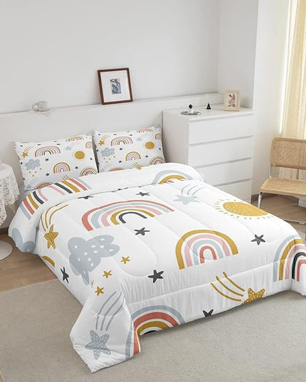 Erosebridal Girls Rainbow Bedding Set, Sun and Stars Comforter Set Twin Size for Kids Boys Children Cartoon Style Cloud Bedding Comforters Girly Soft Microfiber Duvet Insert for Bedroom Decor - LeafyLoom