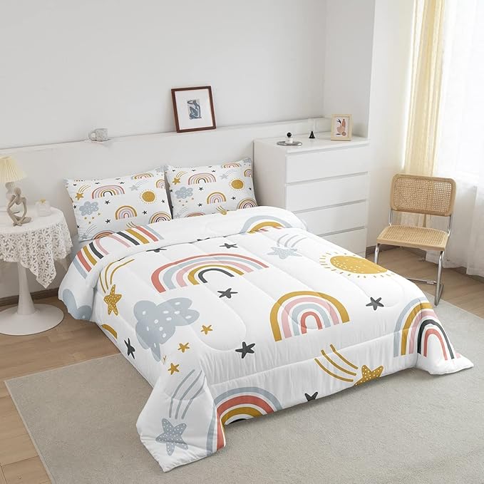 Erosebridal Girls Rainbow Bedding Set, Sun and Stars Comforter Set Twin Size for Kids Boys Children Cartoon Style Cloud Bedding Comforters Girly Soft Microfiber Duvet Insert for Bedroom Decor - LeafyLoom