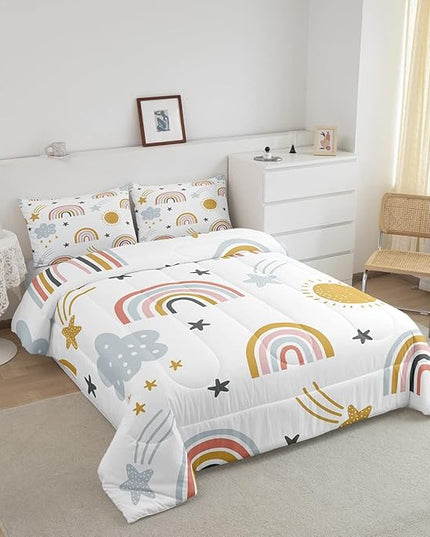 Rainbow Comforter Set for Girls, Sun and Stars Bedding Set King for Kids Boys Children Cartoon Cloud Bedding Comforters Girly Soft Microfiber Duvet Insert for Bedroom Decor, Rainbow Gifts For Kids - LeafyLoom