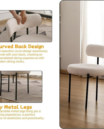 EDWELL White Dining Chairs Set of 6, Modern Dining Room Chairs with 3.94“ Cushions Mid-Century, Round Upholstered Boucle Chairs for Kitchen, Living Room, Kitchen Chairs with Black Metal Legs - LeafyLoom