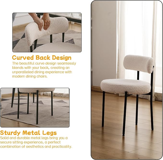 EDWELL White Dining Chairs Set of 6, Modern Dining Room Chairs with 3.94“ Cushions Mid-Century, Round Upholstered Boucle Chairs for Kitchen, Living Room, Kitchen Chairs with Black Metal Legs - LeafyLoom