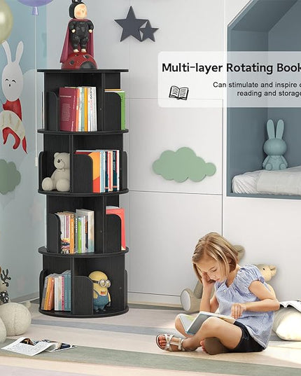 Aheaplus Rotating Bookshelf, 360 Display Corner Bookshelf for Small Space, 4 Tier Floor Standing Bookcase Storage Rack, Wood Narrow Organizer for Bedroom, Living Room, Study Room, Black - LeafyLoom