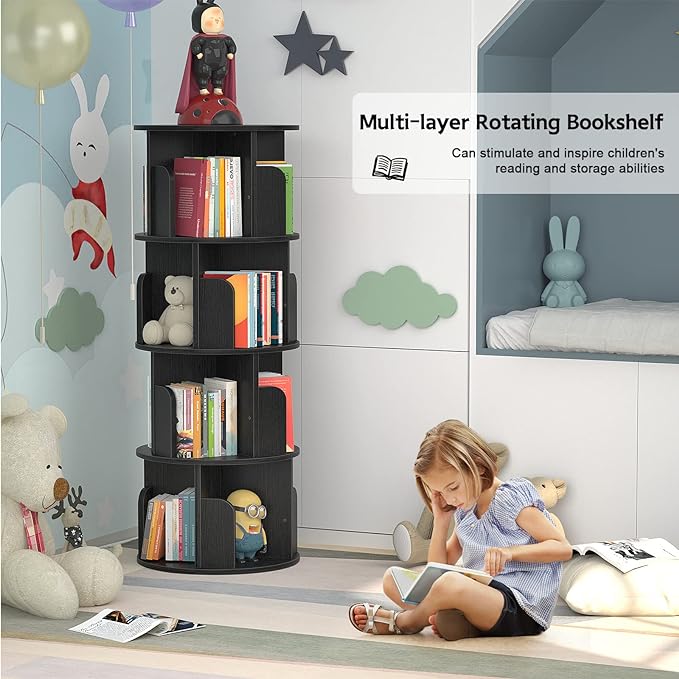 Aheaplus Rotating Bookshelf, 360 Display Corner Bookshelf for Small Space, 4 Tier Floor Standing Bookcase Storage Rack, Wood Narrow Organizer for Bedroom, Living Room, Study Room, Black - LeafyLoom