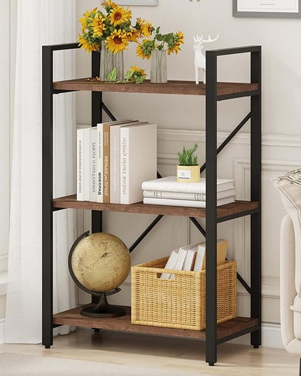 BON AUGURE 3 Tier Industrial Bookshelf, Office Small Open Book Shelf for Small Space, Short Wooden Etagere Bookcase (Rustic Oak) - LeafyLoom