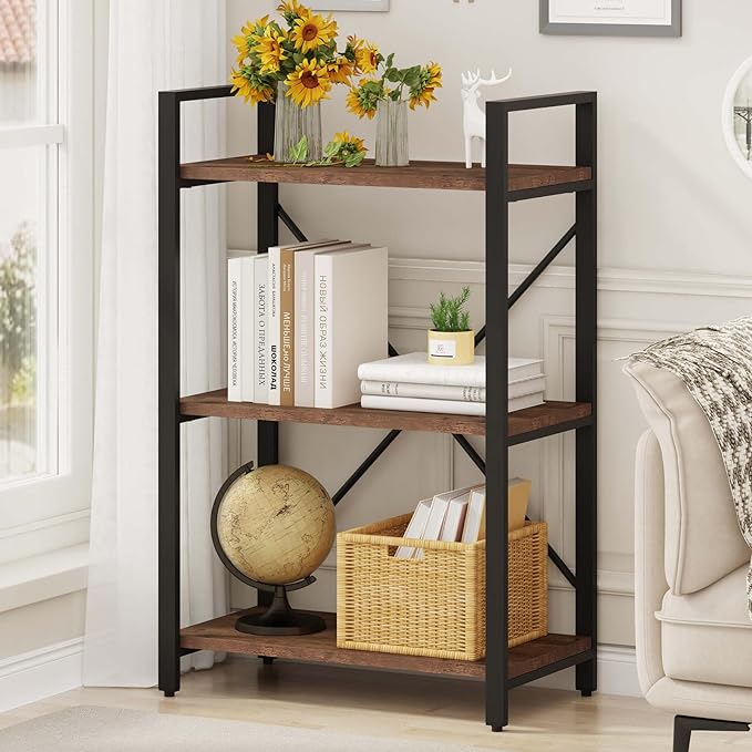 BON AUGURE 3 Tier Industrial Bookshelf, Office Small Open Book Shelf for Small Space, Short Wooden Etagere Bookcase (Rustic Oak) - LeafyLoom