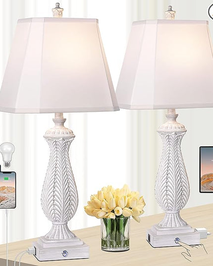 3-Way Dimmable Table Lamps for Bedrooms Set of 2, 30" H Touch Lamps for Living Room with 2 USB Ports and AC Outlet, White Mermaid Bedside Lamp for Nightstand, Resin Farmhouse Rustic Lamp with 2 Bulb - LeafyLoom