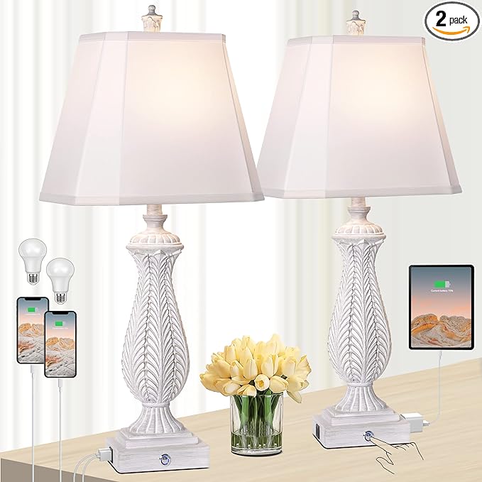 3-Way Dimmable Table Lamps for Bedrooms Set of 2, 30" H Touch Lamps for Living Room with 2 USB Ports and AC Outlet, White Mermaid Bedside Lamp for Nightstand, Resin Farmhouse Rustic Lamp with 2 Bulb - LeafyLoom