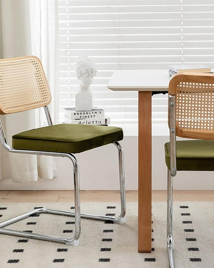 Dining Chairs Set of 2, Velvet Rattan Side Accent Chairs with Chrome Legs, Modern Mid Century Breuer Designed Chairs, Upholstered Dining Living Room Kitchen Chairs (Olive Green-2pcs) - LeafyLoom