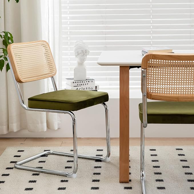 Dining Chairs Set of 2, Velvet Rattan Side Accent Chairs with Chrome Legs, Modern Mid Century Breuer Designed Chairs, Upholstered Dining Living Room Kitchen Chairs (Olive Green-2pcs) - LeafyLoom