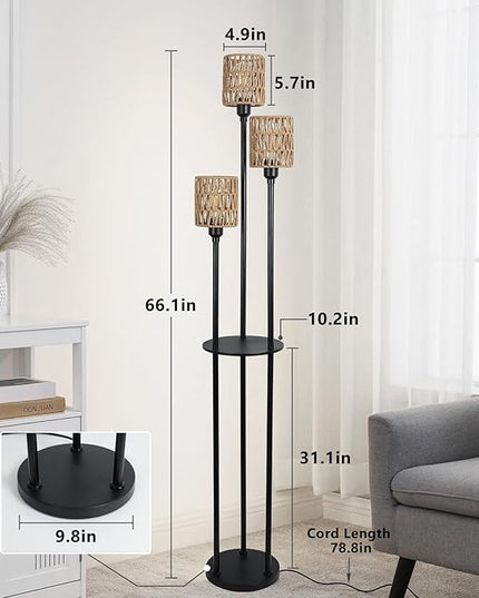 Boho Floor Lamp with Shelves, 3-Lights Farmhouse Tall Floor Lamp with ON/OFF Foot Switch, Rustic Standing Lamp with Rattan Shades for Living Room Bedroom Office - LeafyLoom