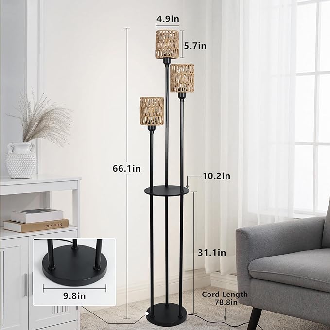 Boho Floor Lamp with Shelves, 3-Lights Farmhouse Tall Floor Lamp with ON/OFF Foot Switch, Rustic Standing Lamp with Rattan Shades for Living Room Bedroom Office - LeafyLoom
