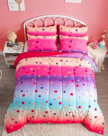 Twin/Twin XL Comforter Set for Girls Rainbow Bedding Set 2 Pieces with Multicolor Stars Pink Comforter Set Twin Size with Pillowcase for Kids, Teenagers - LeafyLoom