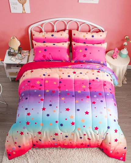 Full Comforter Set for Girls Rainbow Bedding Set 3 Pieces with Multicolor Stars Pink Comforter Set Full Size with Pillowcase for Kids, Teenagers - LeafyLoom