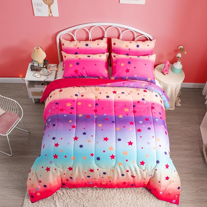 Full Comforter Set for Girls Rainbow Bedding Set 3 Pieces with Multicolor Stars Pink Comforter Set Full Size with Pillowcase for Kids, Teenagers - LeafyLoom