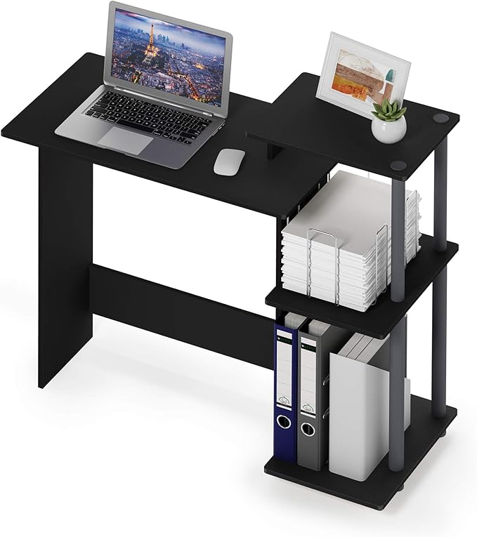 Furinno Efficient Home Laptop Notebook Computer Desk with Square Shelves, Solid Black/Grey - LeafyLoom