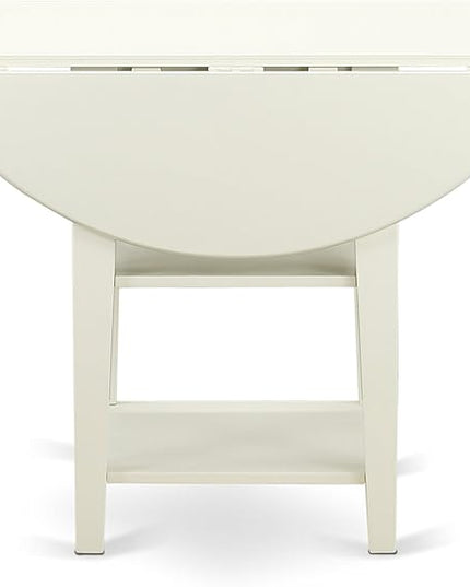 East West Furniture SUKE3-LWH-W Sudbury 3 Piece Kitchen Set for Small Spaces Contains a Round Table with Dropleaf & Shelves and 2 Dining Room Chairs, 42x42 Inch - LeafyLoom