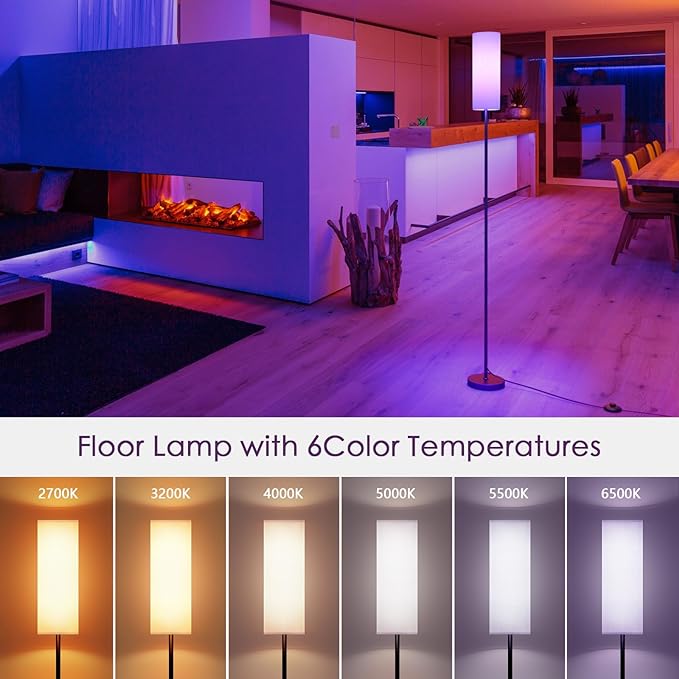 Floor Lamps for Living Room, Modern Floor Lamp with RGB LEDs Bulb,Standing Floor Lamp with App Control & Remote Control,Tall Reading Lamp for Bedroom, Living Room, White lampshade - LeafyLoom