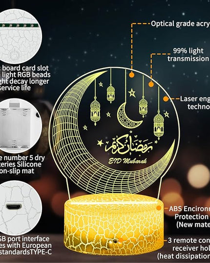 Ramadan Mubarak Decorations, Ramadan LED Night Light with Remote 16 Color Flashing, Eid al-Fitr Mubarak 3D Star Moon Lights for Bedroom Ramadan Gifts for Islamic Holiday Believers Muslims Home Decor - LeafyLoom
