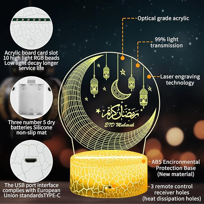 Ramadan Mubarak Decorations, Ramadan LED Night Light with Remote 16 Color Flashing, Eid al-Fitr Mubarak 3D Star Moon Lights for Bedroom Ramadan Gifts for Islamic Holiday Believers Muslims Home Decor - LeafyLoom