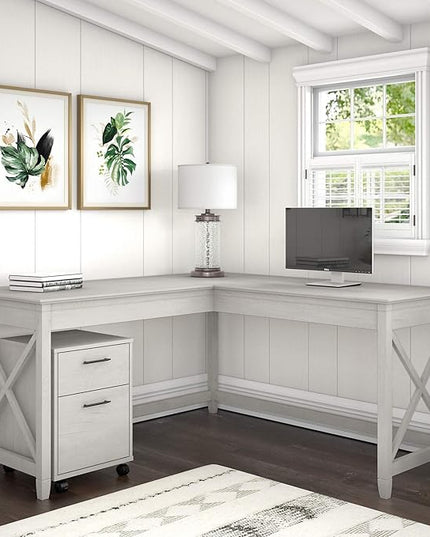 Bush Furniture Key West 60W L Shaped Desk with 2 Drawer Mobile File Cabinet in Linen White Oak - LeafyLoom