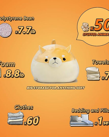 Stuffed Animal Storage Bean Bag Chair Cover for Kids Yellow Dog Shiba Inu Bean Bag Chair for Girls Large Size Toy Organizer Cover Only Without Filling - LeafyLoom