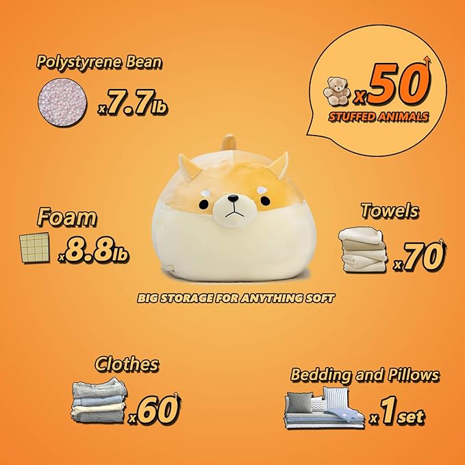 Stuffed Animal Storage Bean Bag Chair Cover for Kids Yellow Dog Shiba Inu Bean Bag Chair for Girls Large Size Toy Organizer Cover Only Without Filling - LeafyLoom