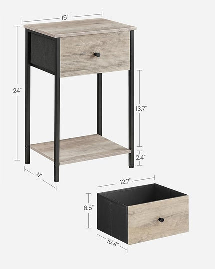VASAGLE Nightstands, Set of 2, Side Table with Fabric Drawer, 24-Inch Tall End Table with Storage Shelf, Bedroom, Greige and Black ULGS221B02 - LeafyLoom