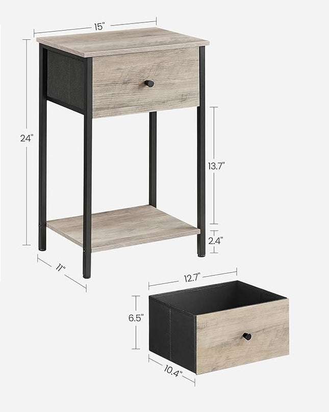 VASAGLE Nightstands, Set of 2, Side Table with Fabric Drawer, 24-Inch Tall End Table with Storage Shelf, Bedroom, Greige and Black ULGS221B02 - LeafyLoom