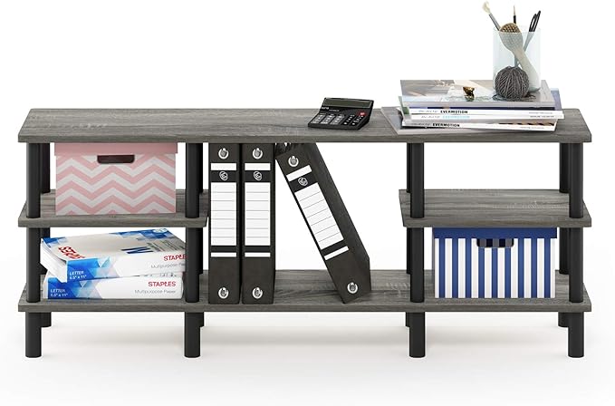 Furinno Turn-N-Tube 3-Tier Multipurpose Wide Shelf TV Stand, French Oak Grey/Black - LeafyLoom