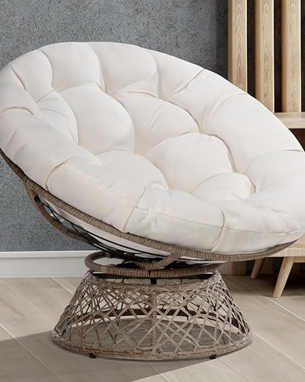 Bme 40" Ergonomic Wicker Papasan Chair with Soft Thick Density Fabric Cushion, High Capacity Steel Frame, 360 Degree Swivel for Living, Bedroom, Reading Room, Lounge - LeafyLoom