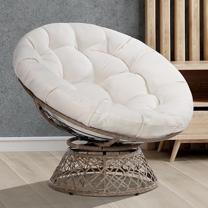 Bme 40" Ergonomic Wicker Papasan Chair with Soft Thick Density Fabric Cushion, High Capacity Steel Frame, 360 Degree Swivel for Living, Bedroom, Reading Room, Lounge - LeafyLoom
