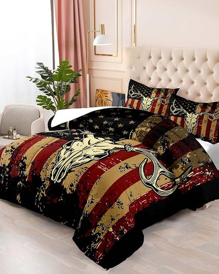 LUVIVIHOME 3PCS Deer Skull Comforter Set Full Size, Patriotic American Flag Comforter, 4th of July Independence Day Hunter Elk Moose Wildlife Cabin Country Rustic Hunting Bedding Quilt, 2 Pillow Shams - LeafyLoom