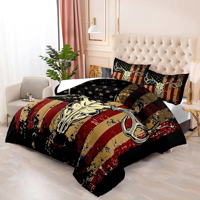 LUVIVIHOME 3PCS Deer Skull Comforter Set Full Size, Patriotic American Flag Comforter, 4th of July Independence Day Hunter Elk Moose Wildlife Cabin Country Rustic Hunting Bedding Quilt, 2 Pillow Shams - LeafyLoom